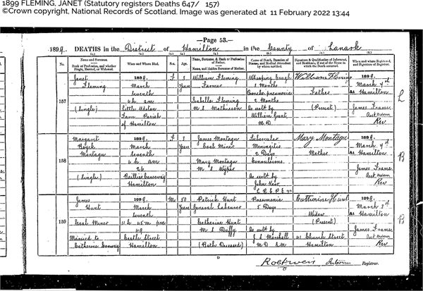 Janet Fleming Death Certificate 1899