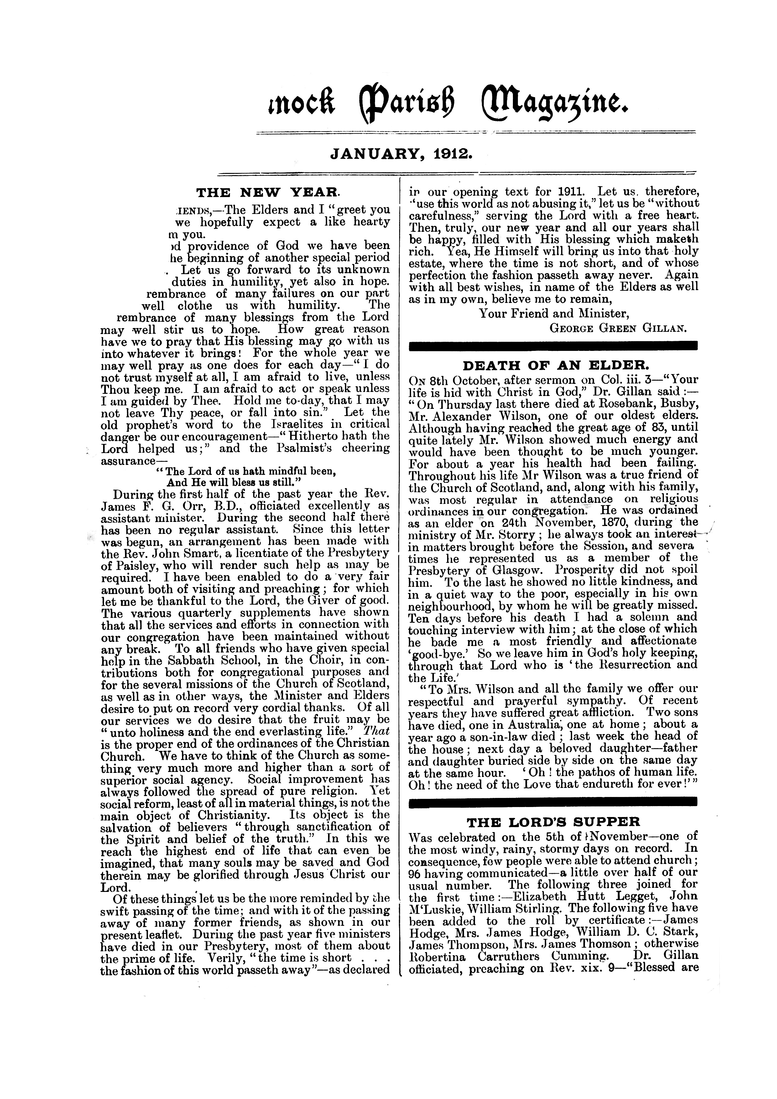 Carmunnock Parish Magazine January 1912