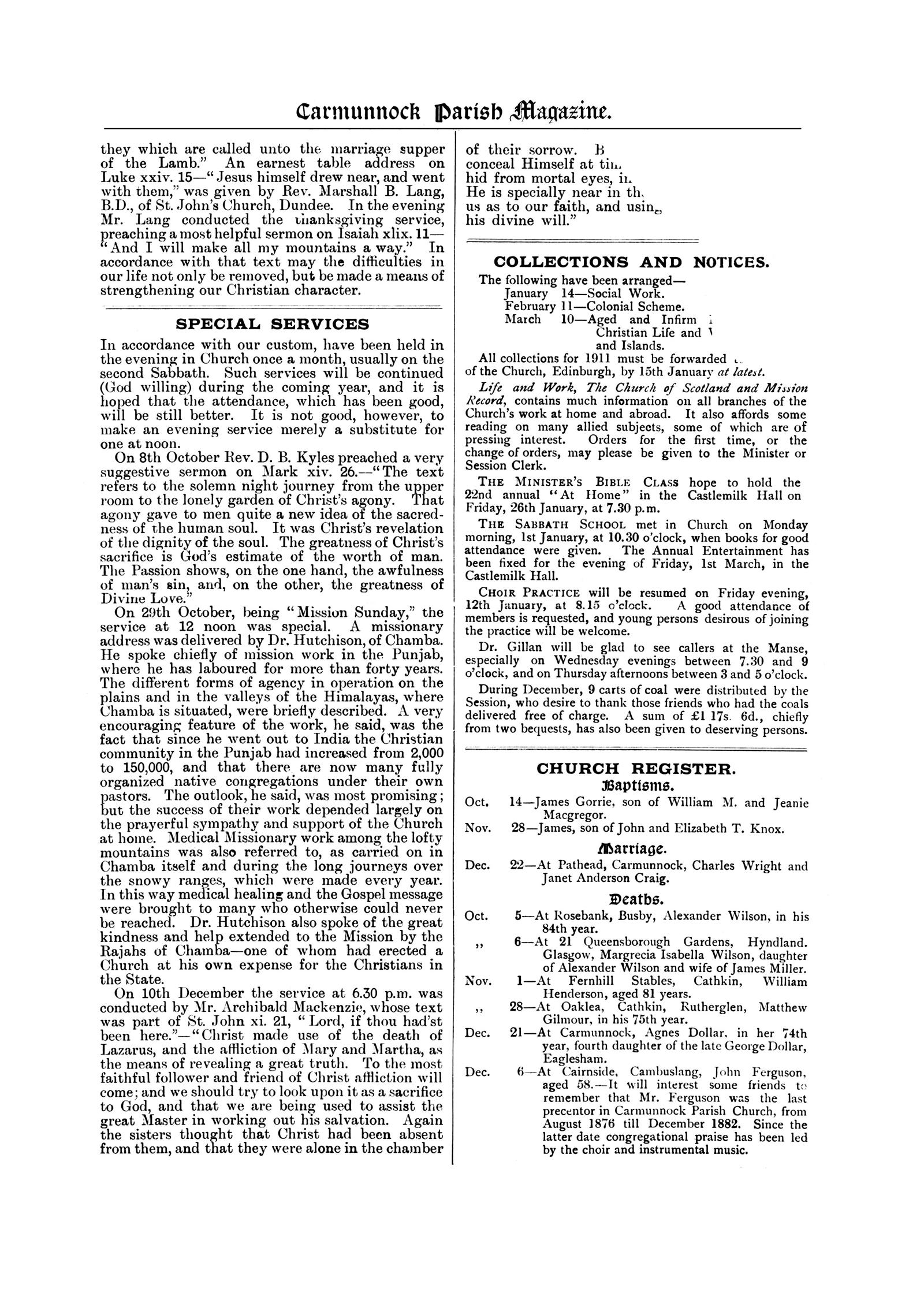 Carmunnock Parish Magazine January 1912