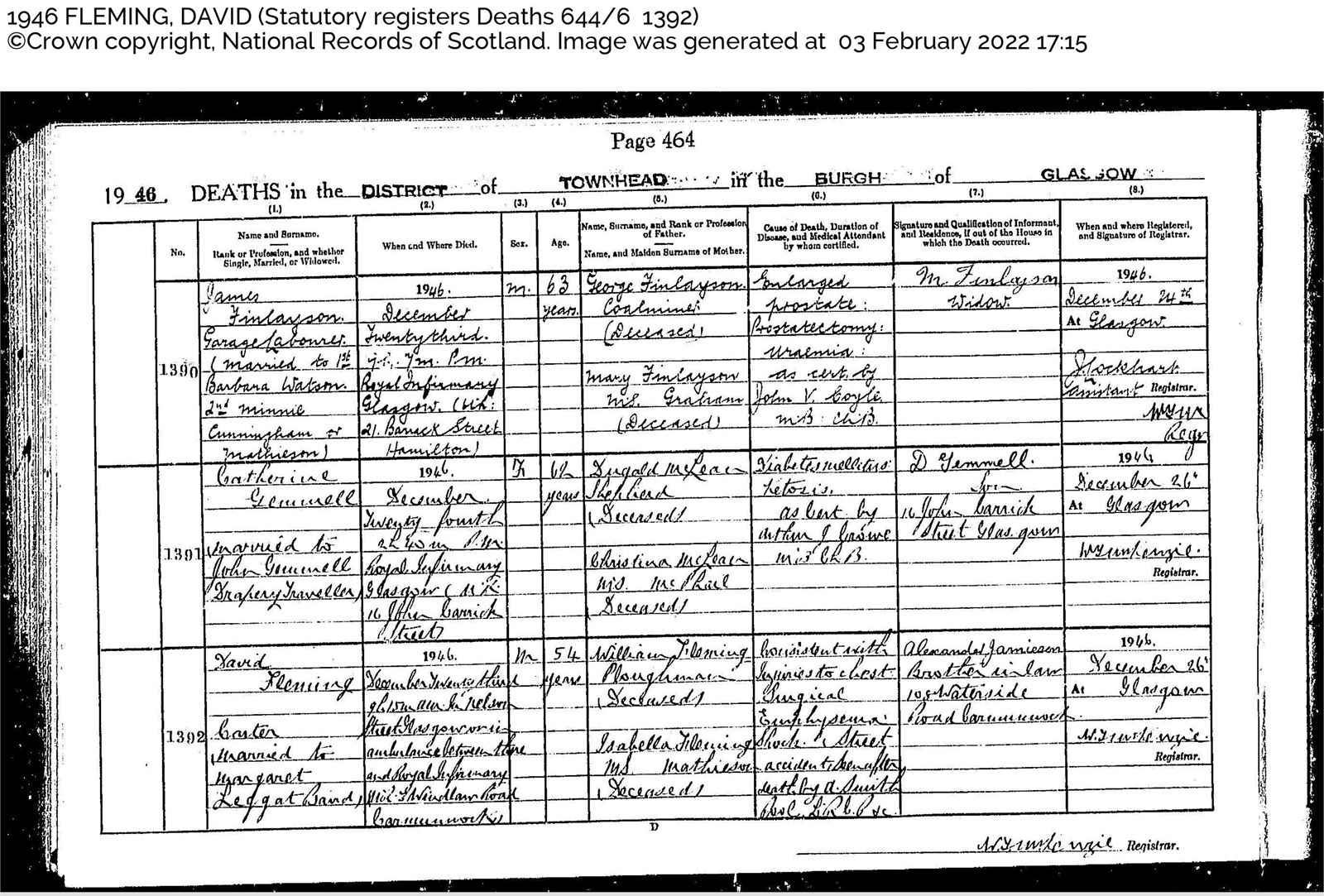 David Fleming Death Certificate 1946