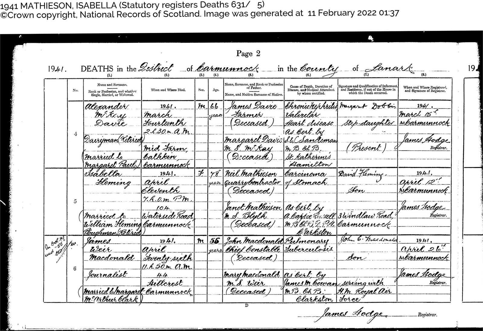 Isabella Fleming nee Mathieson. Death Certificate 1941